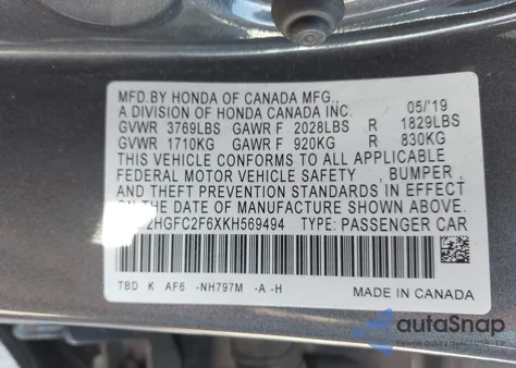 2019 Honda Civic Lx из США, поврежденный, VIN 2HGFC2F6XKH569494